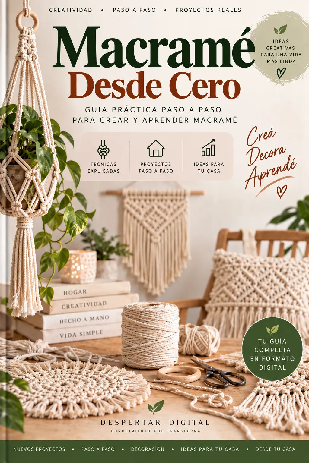 Macramé Desde Cero · Guía PDF + 5 bonos + kit digital
